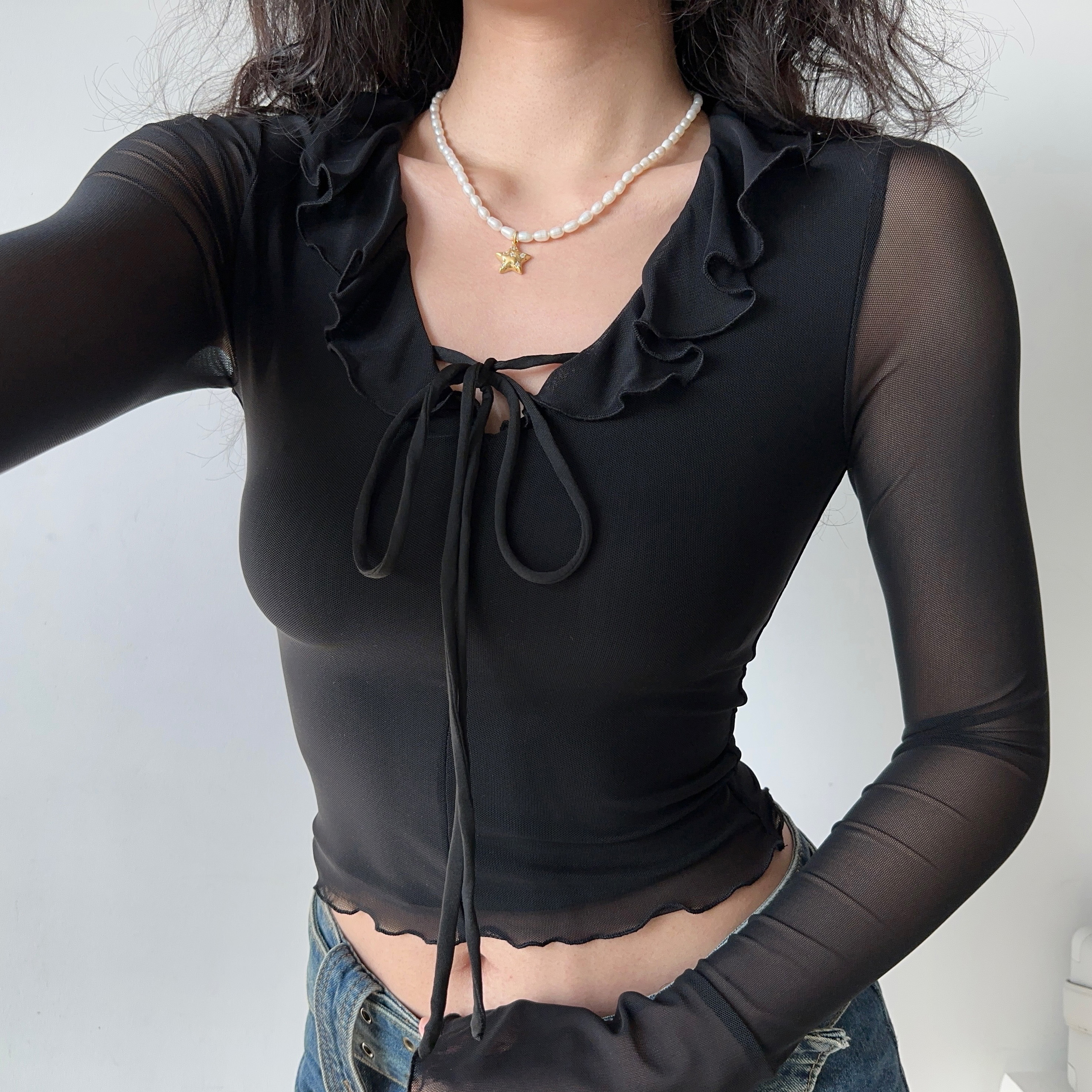 V-neck Ruffled Tie Black Mesh Long Sleeve T-shirt for Women - European American Style, Slim Fit, Trendy Y2K Fashion Top