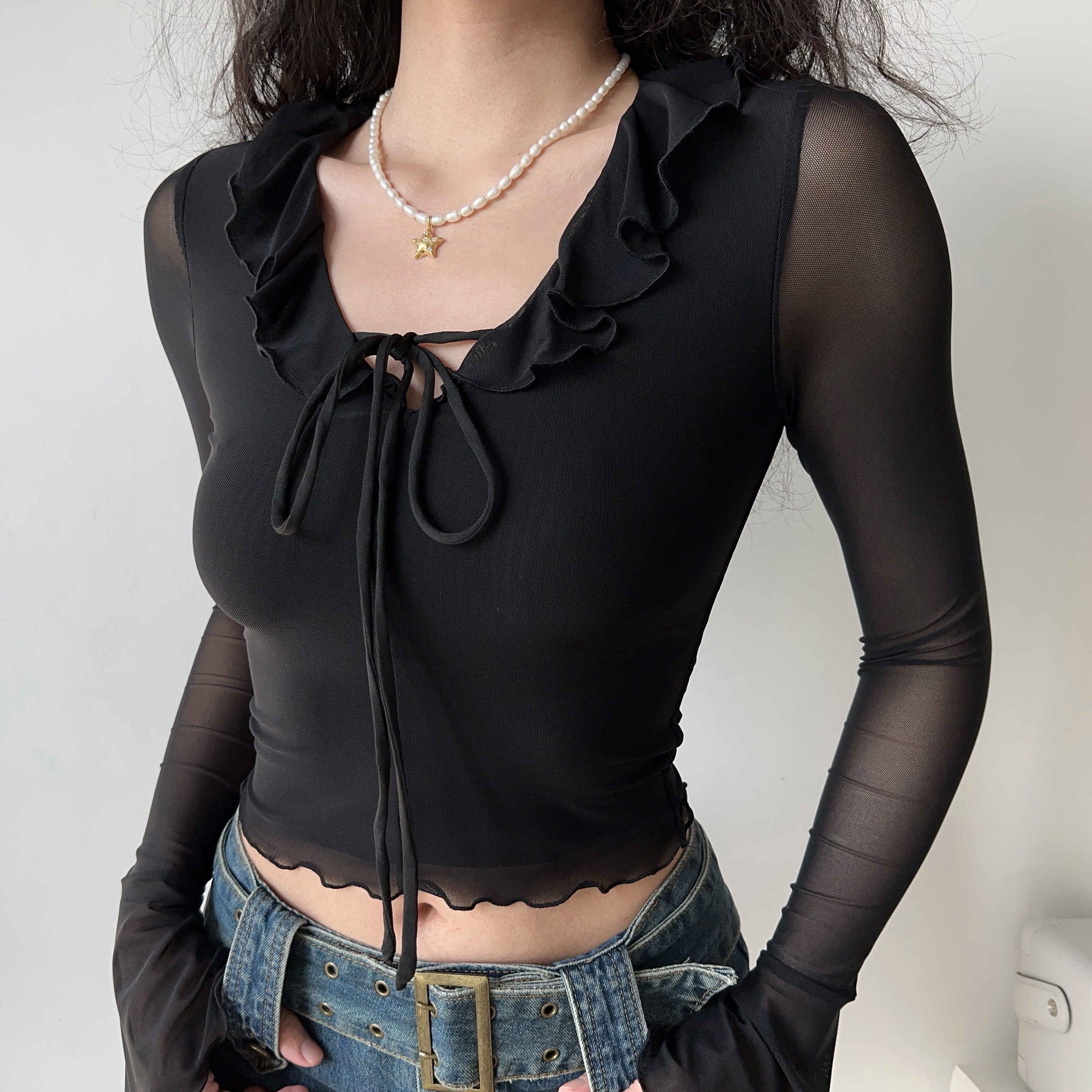 V-neck Ruffled Tie Black Mesh Long Sleeve T-shirt for Women - European American Style, Slim Fit, Trendy Y2K Fashion Top