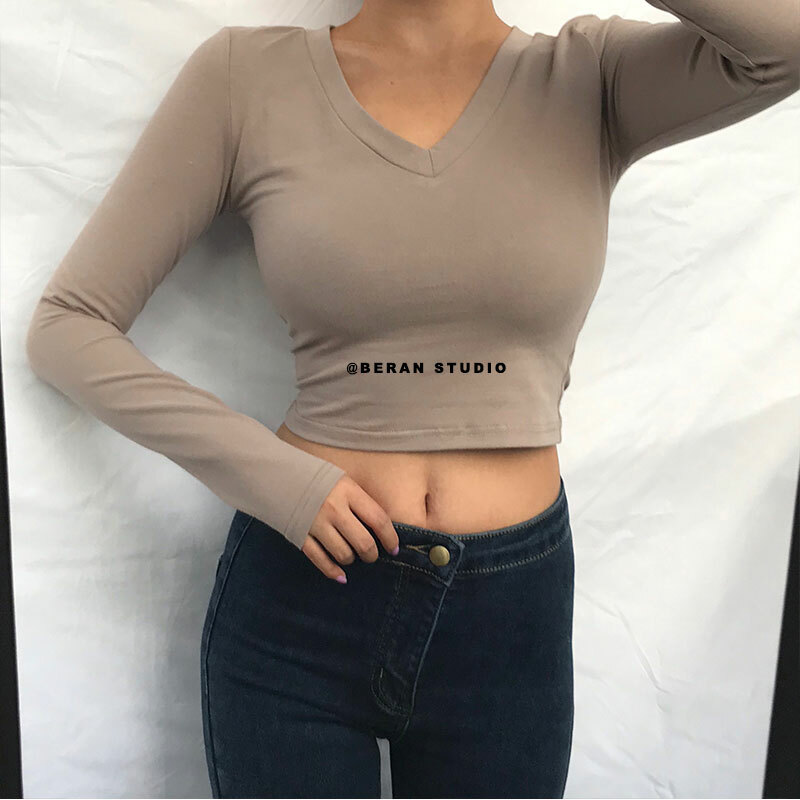 V-Neck Slim High-Waist Cropped Long Sleeve T-Shirt Top for Women - Sexy Solid Color Style, European & American Fashion