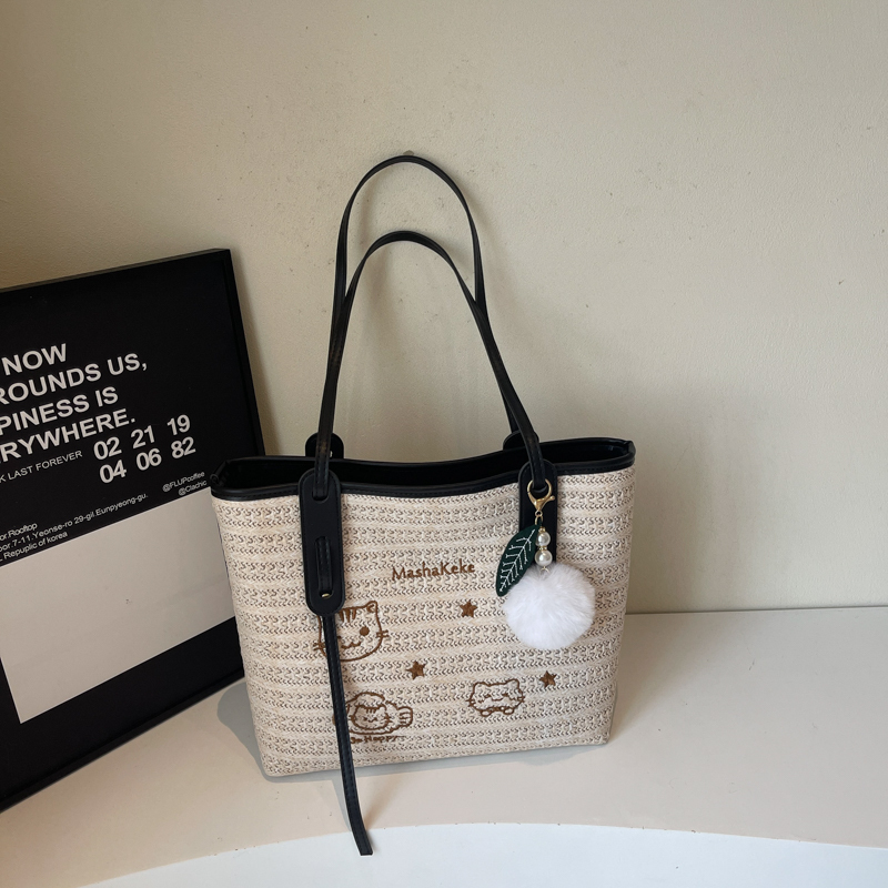 Versatile Cartoon Single-Shoulder Beach Bag for Women - Large-Capacity Straw Tote for Summer 2025 Beach Vacation Style