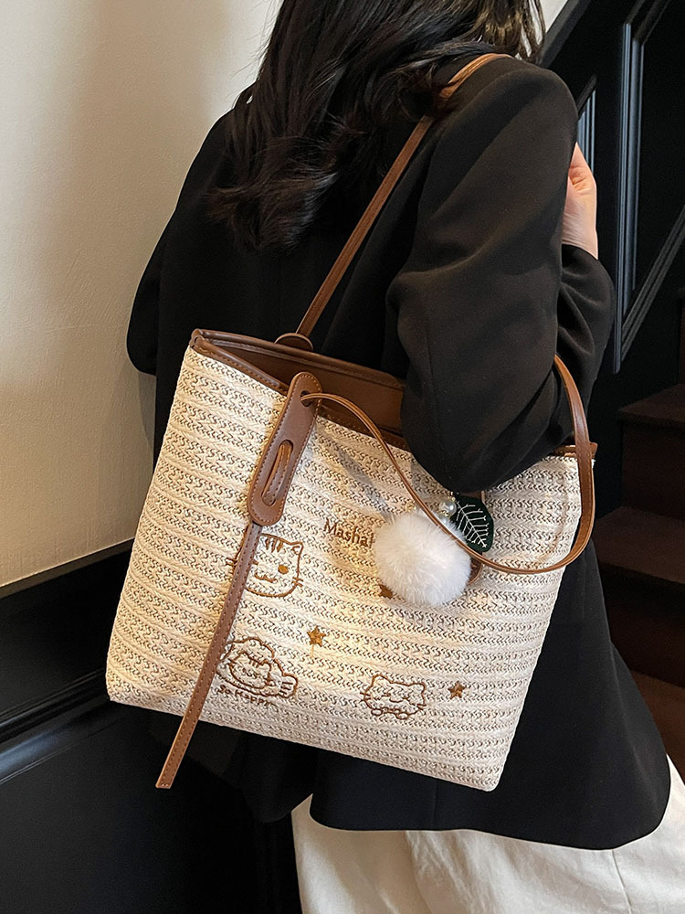 Versatile Cartoon Single-Shoulder Beach Bag for Women - Large-Capacity Straw Tote for Summer 2025 Beach Vacation Style