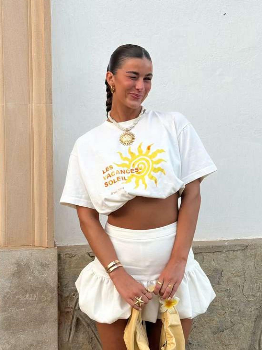 Vintage American Retro Sun Print Oversized Cotton Short Sleeve T-Shirt for Women - Trendy Summer Casual Top