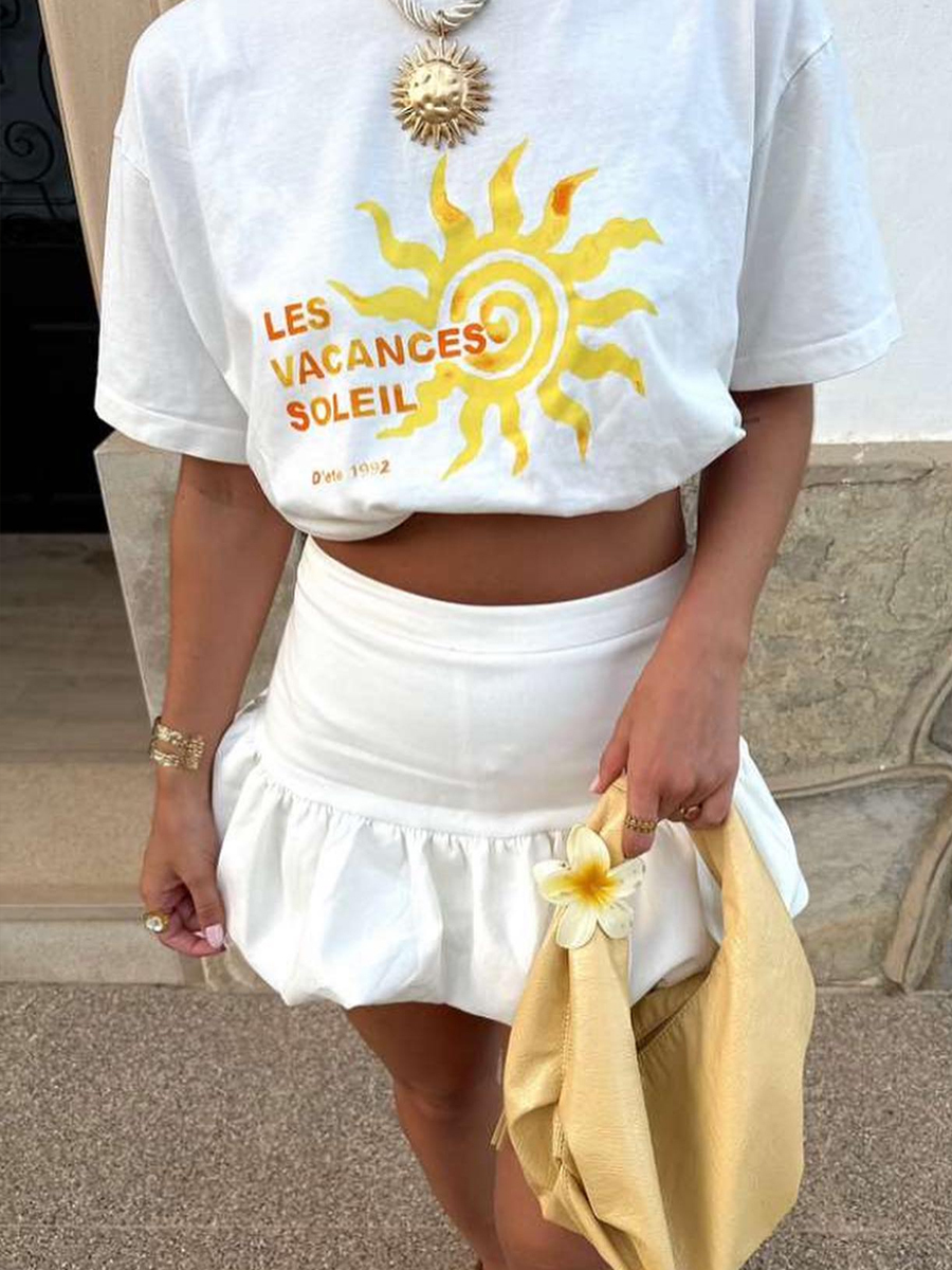 Vintage American Retro Sun Print Oversized Cotton Short Sleeve T-Shirt for Women - Trendy Summer Casual Top