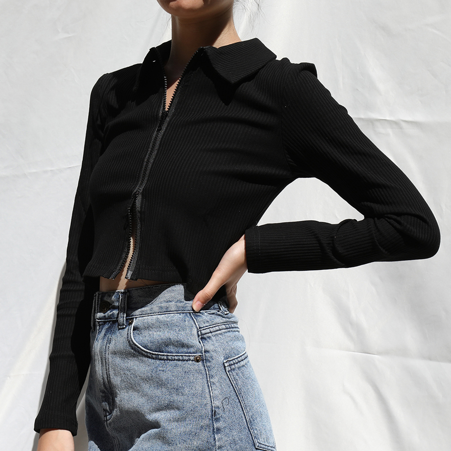 Vintage American Style High-Waisted Ribbed Long Sleeve T-Shirt Cardigan with Double-Head Zipper and Small Lapel