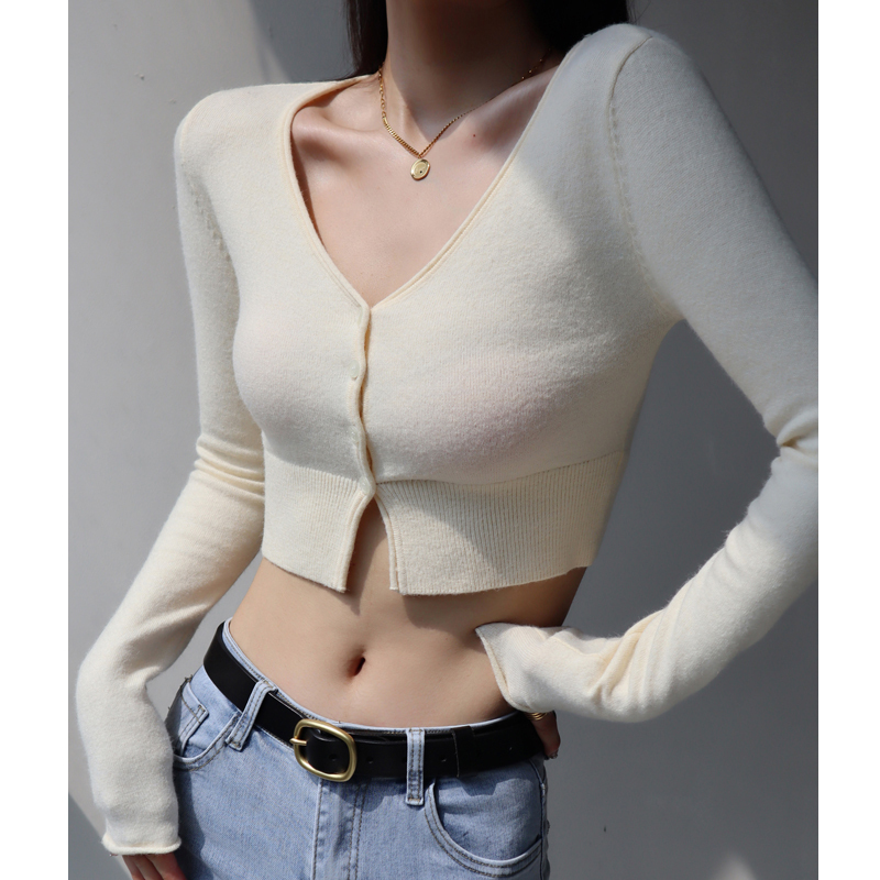 Vintage American Style Sexy V-Neck Button High-Waisted Short Cardigan for Women, Slim Fit Flattering Long Sleeve Knitted Top
