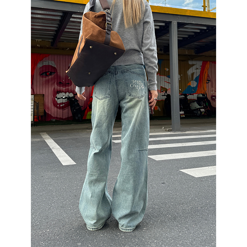 Vintage American Washed Micro-Flare Workwear Jeans for Men and Women - Loose Fit Embroidered Casual Pants, 90s Inspired Fashion