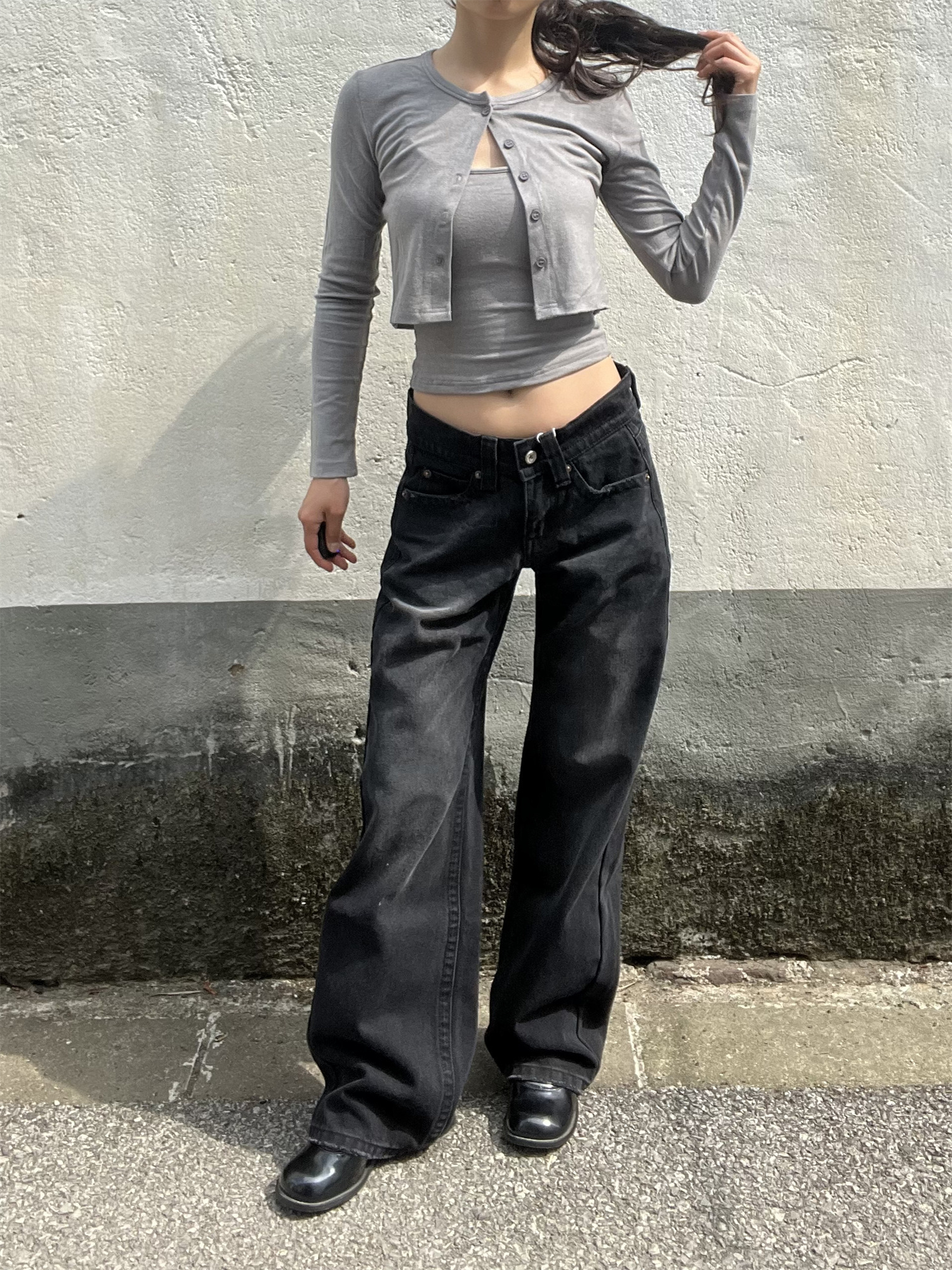 Vintage Black Washed Straight-Leg Low-Waist Slim Fit Loose Floor-Length Jeans for Women - American Style 90s Fashion