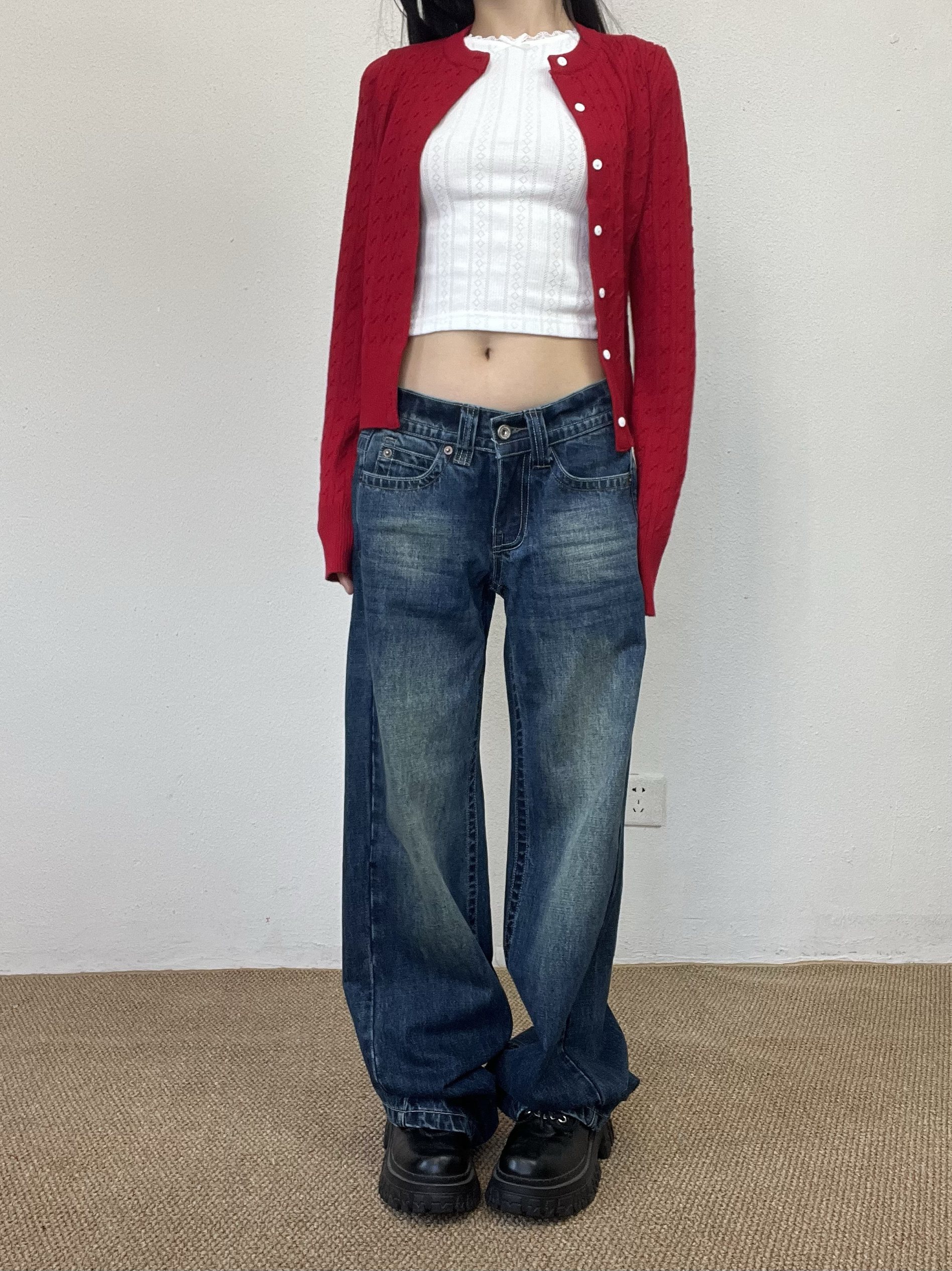 Vintage Blue Embroidered Low-Waist Straight-Leg Jeans for Women - Slim Fit Loose Floor-Length Y2K Style Pants