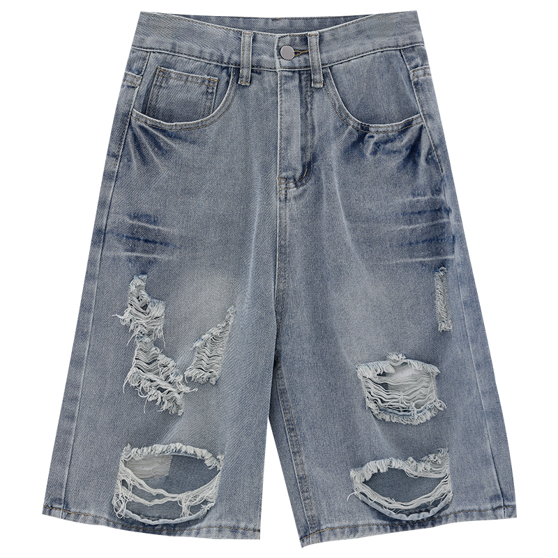 Vintage Blue Ripped Denim Shorts for Women - Tropical Road Summer Loose Fit 2025 Style, Perfect for Y2K and Casual Outings