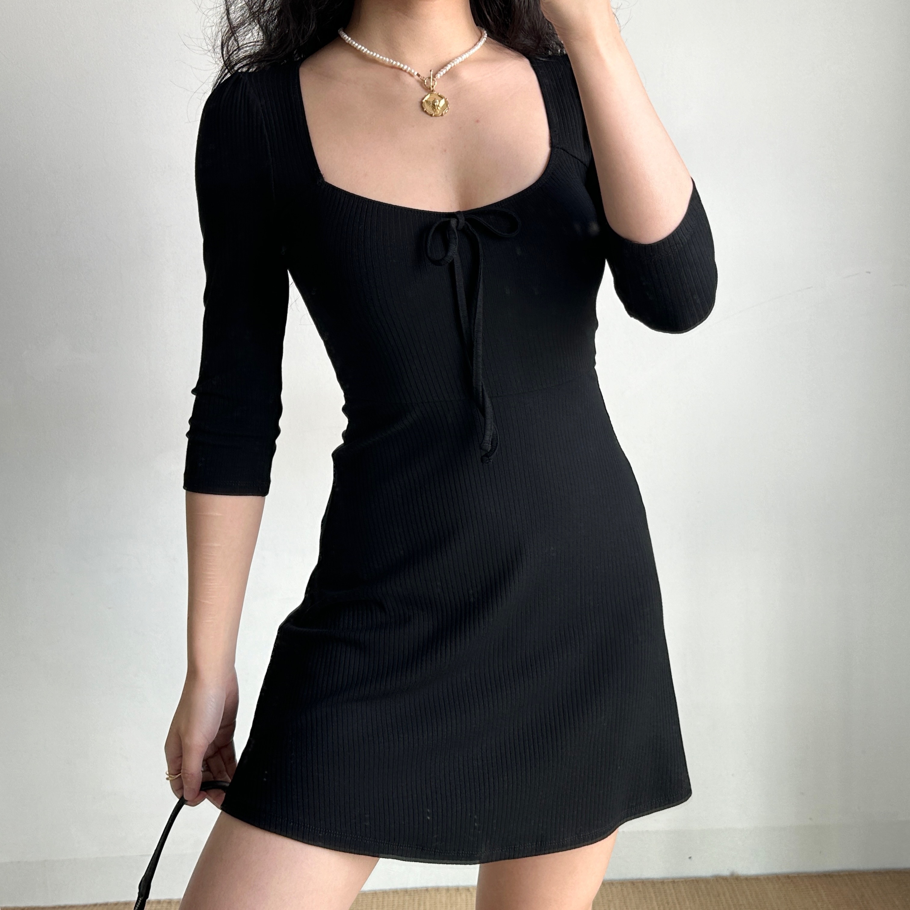 Vintage Bow U-Neck Three-Quarter Sleeve Black Dress - Women's A-Line Style for Early Autumn, Perfect for Y2K and Retro Fashion Lovers