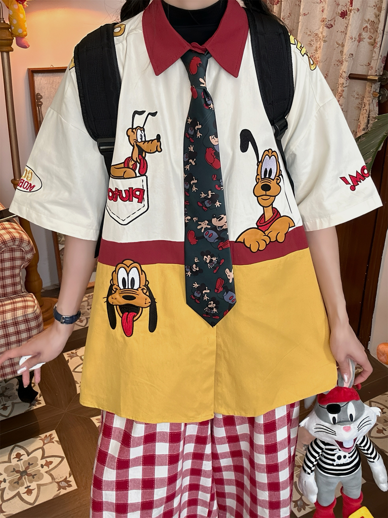 Vintage Cartoon Patchwork Short Sleeve Shirt - Handmade American Retro Style with Embroidered Pluto - Fun 90s Loose Fit Top