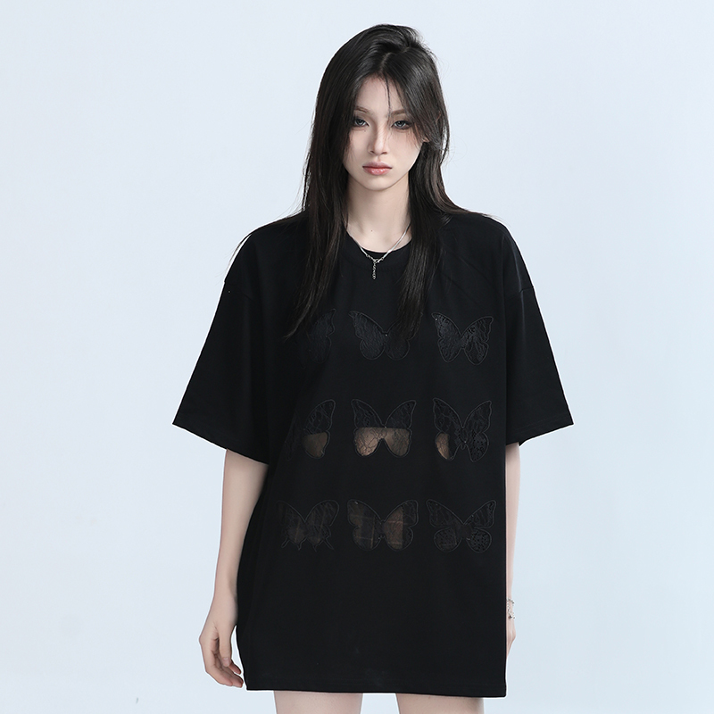 Vintage Carved Hollow Butterfly Embroidery Black Short Sleeve T-Shirt for Women - Summer Loose Fit, Y2K Ins Style