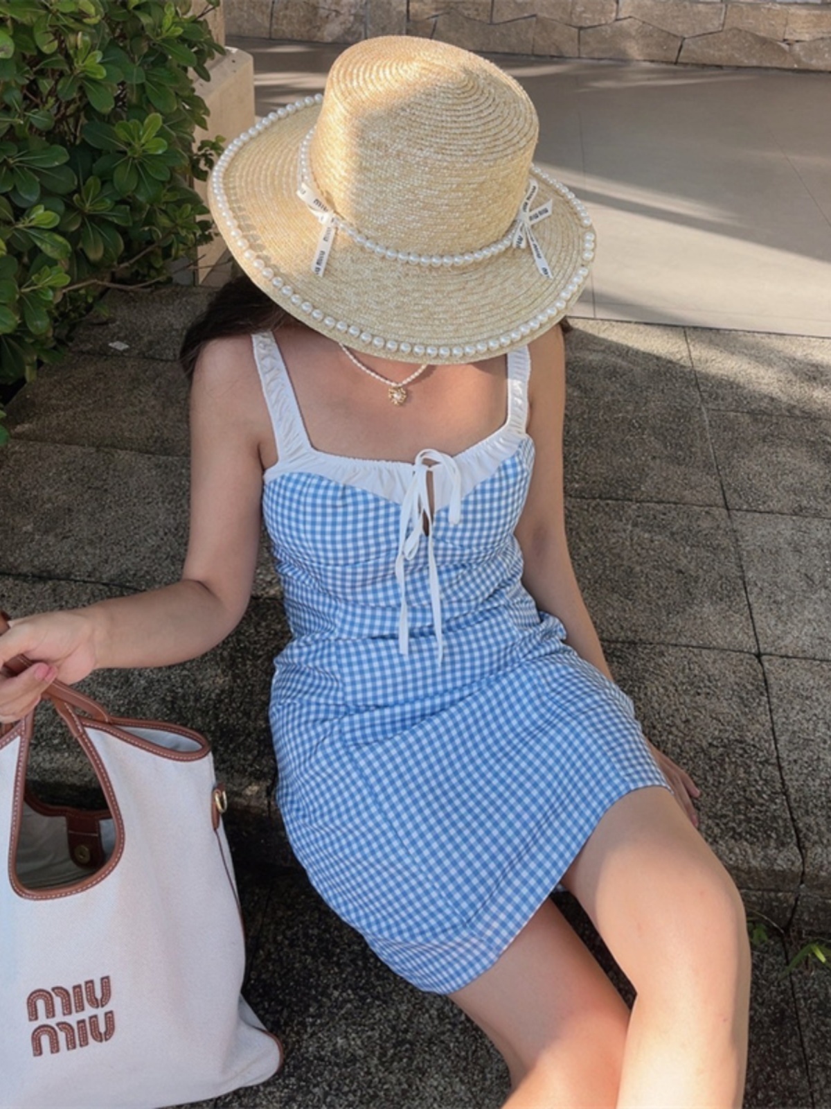 Vintage Color-Blocking Blue Checkered Camisole Dress with Elastic Shoulder Straps - DIY Vacation Style