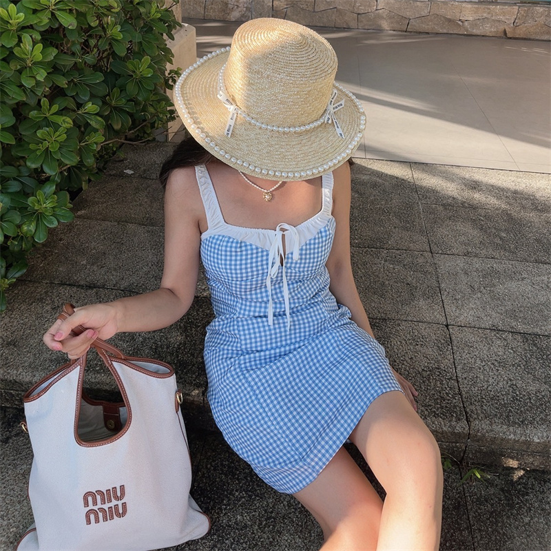 Vintage Color-Blocking Blue Checkered Camisole Dress with Elastic Shoulder Straps - DIY Vacation Style