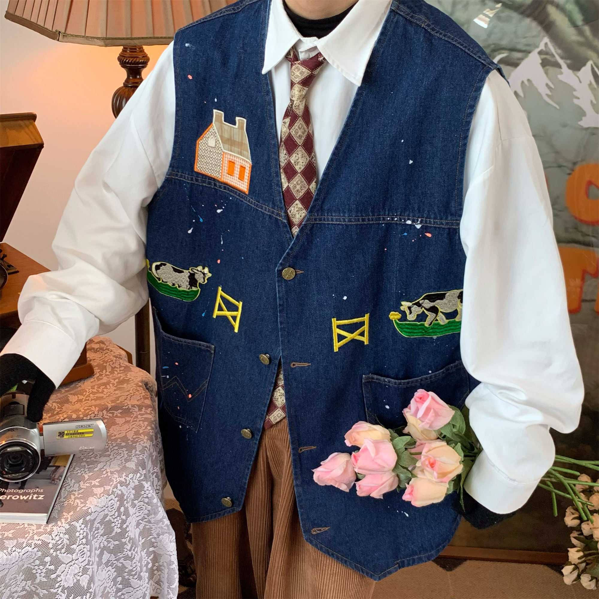 Vintage Cow Print Denim Vest - Handmade Retro Gilet for Autumn, Versatile Loose Fit, Y2K Inspired Fashion