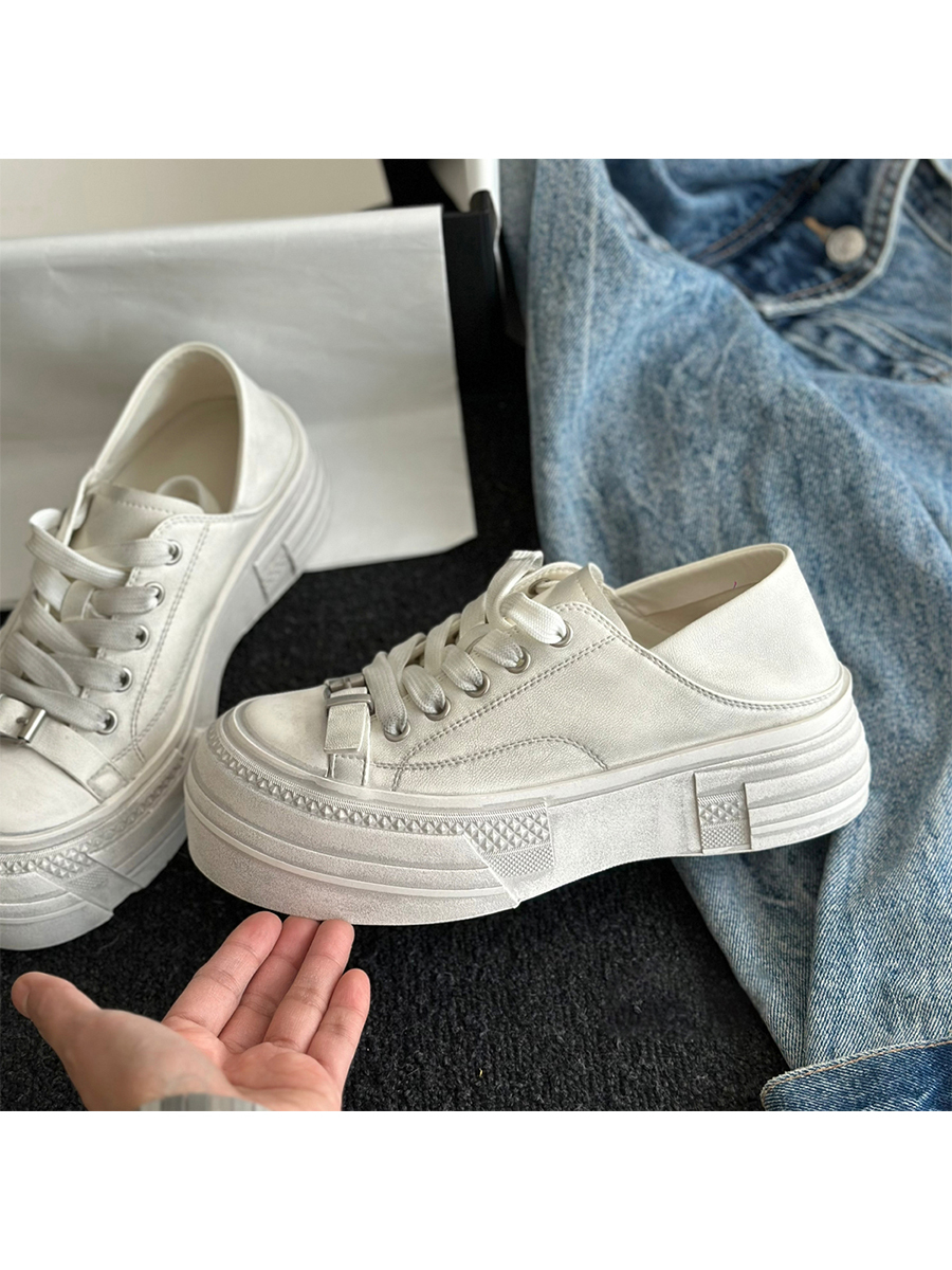 Vintage Cowhide Thick-Soled White Lace-Up Casual Sports Shoes for Petite Sizes - Versatile Canvas Style