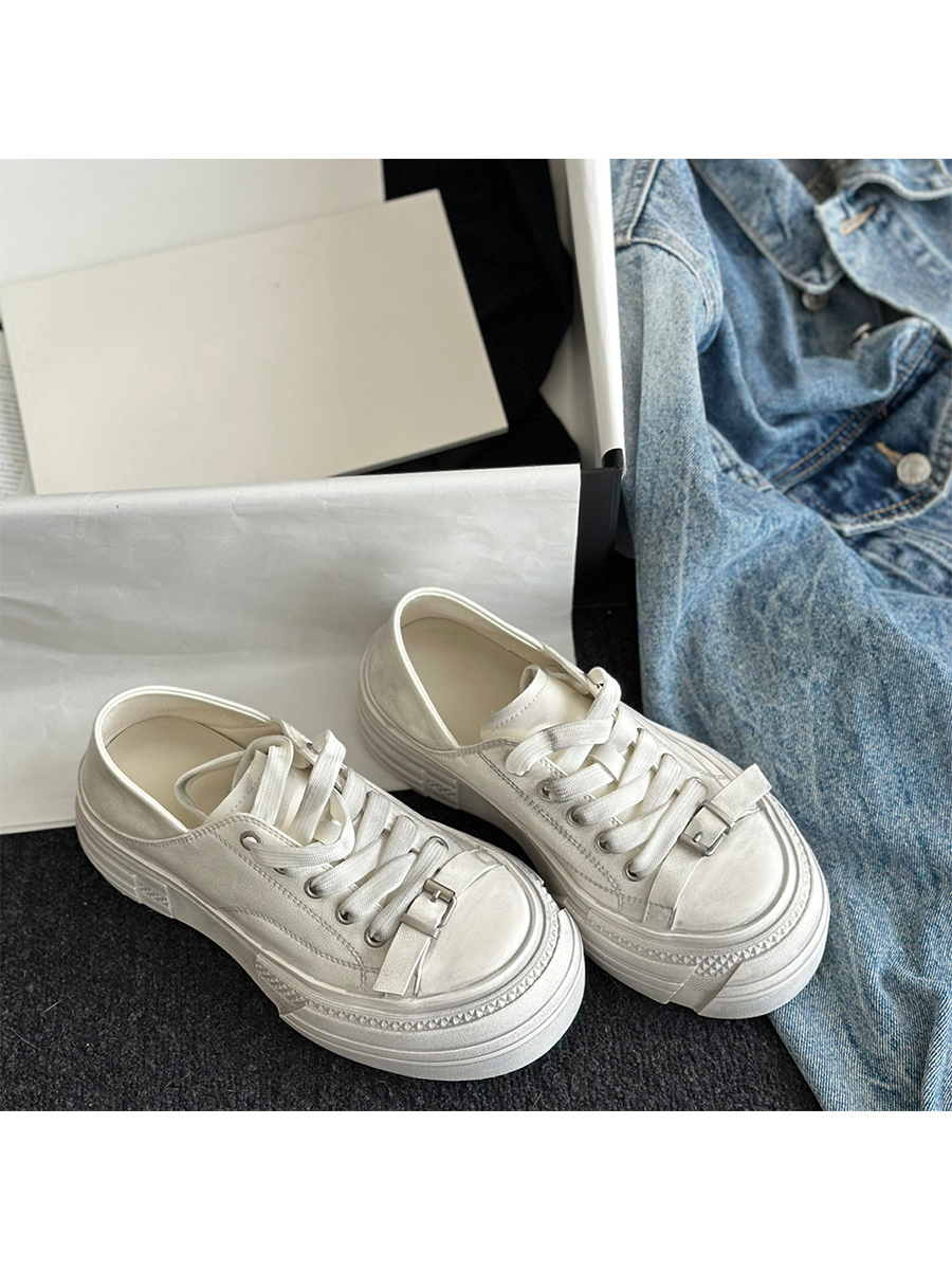 Vintage Cowhide Thick-Soled White Lace-Up Casual Sports Shoes for Petite Sizes - Versatile Canvas Style