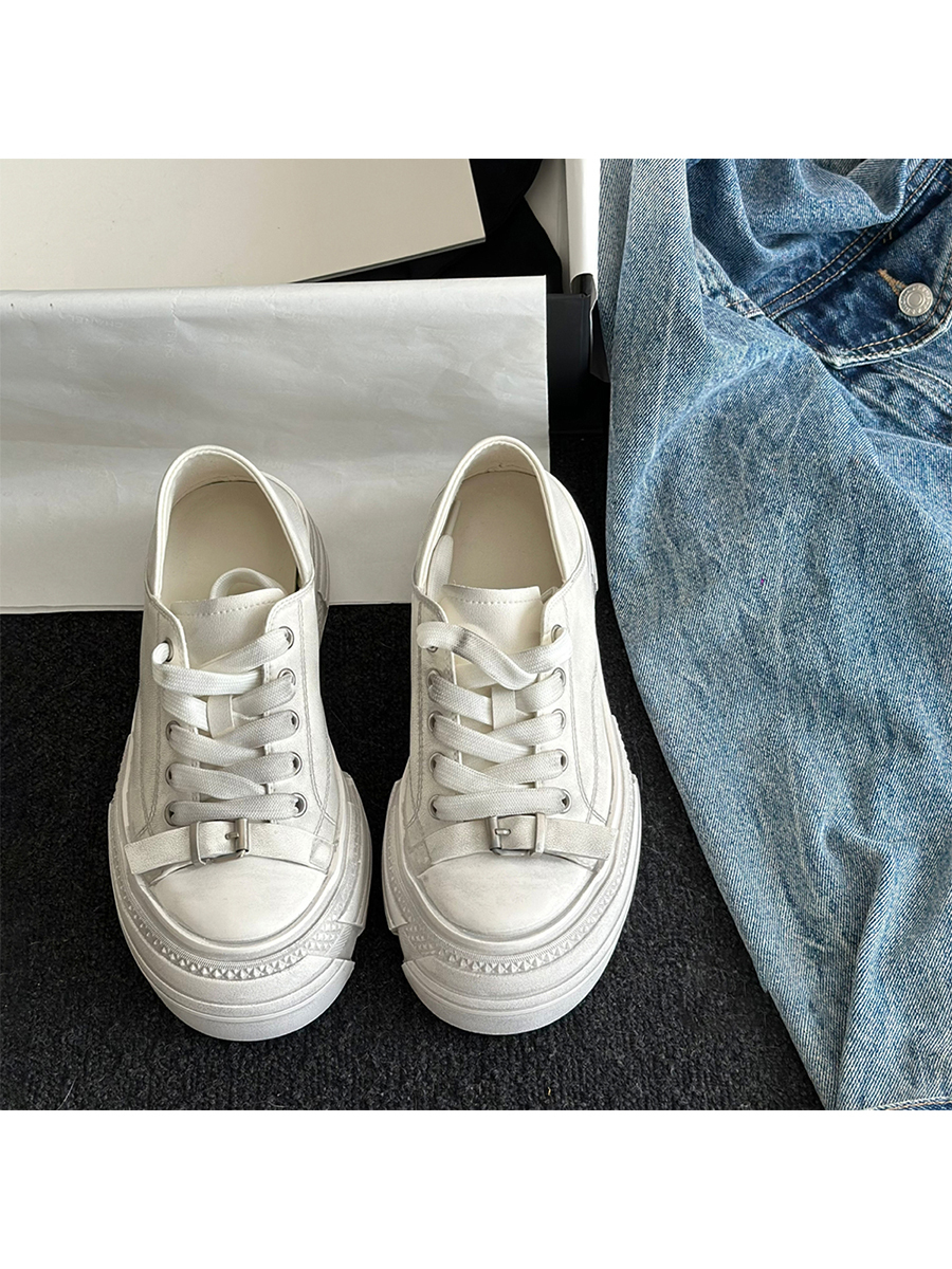 Vintage Cowhide Thick-Soled White Lace-Up Casual Sports Shoes for Petite Sizes - Versatile Canvas Style