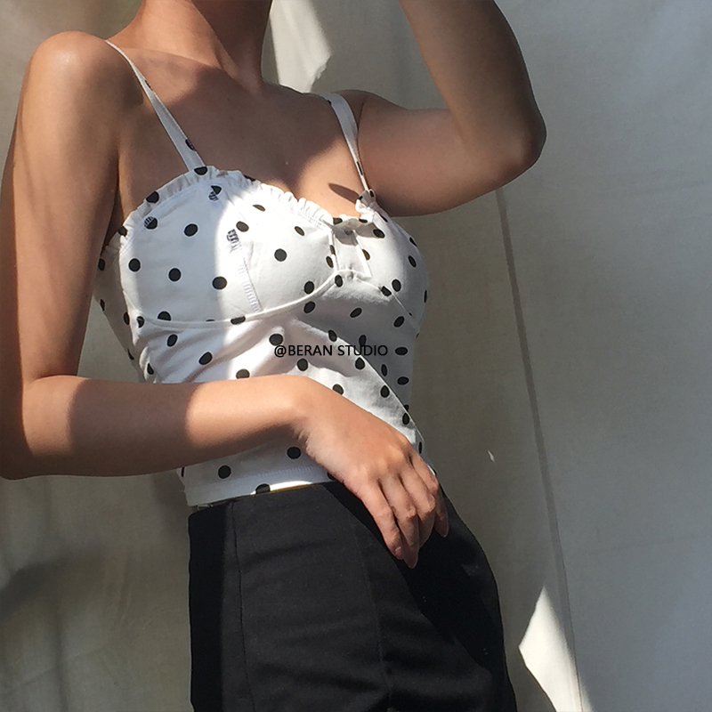 Vintage Cute Ruffled Lace Adjustable Strap Polka Dot Camisole - Versatile Solid Color Top for a Sexy 90s Inspired Look