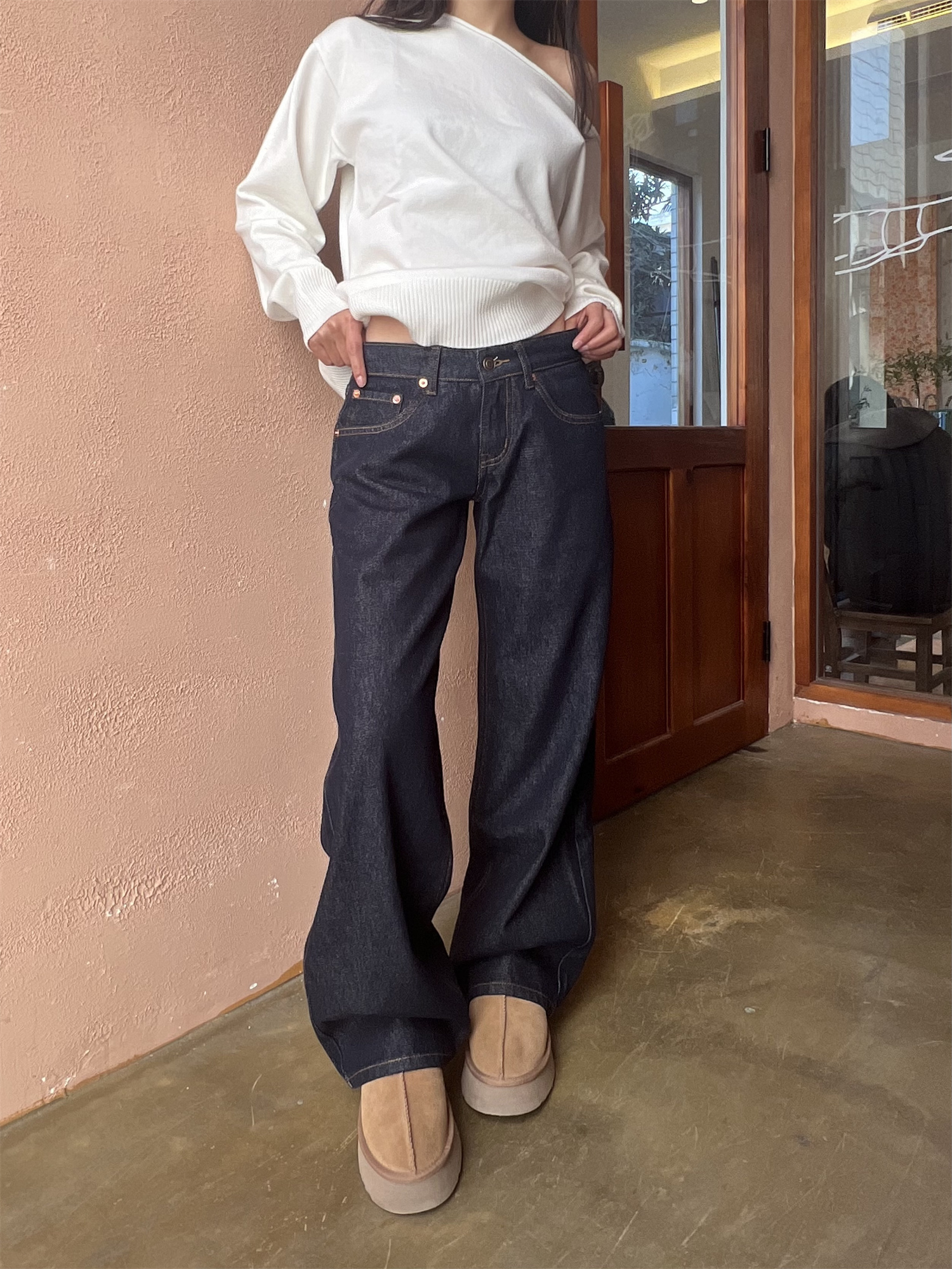 Vintage Dark Blue Wide-Leg Low-Waist Loose Slimming Pants for Women - 2025 Trendy 90s Style