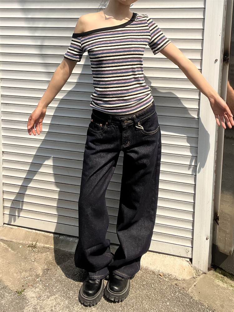 Vintage Dark Blue Wide-Leg Low-Waist Loose Slimming Pants for Women - 2025 Trendy 90s Style