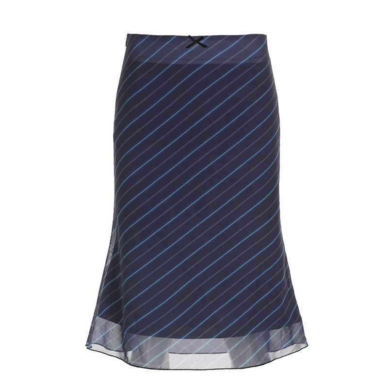Vintage Diagonal Striped Mesh Mid-Length Skirt for Women, Slim Straight Retro Style with Low Waist Bow Tie Detail