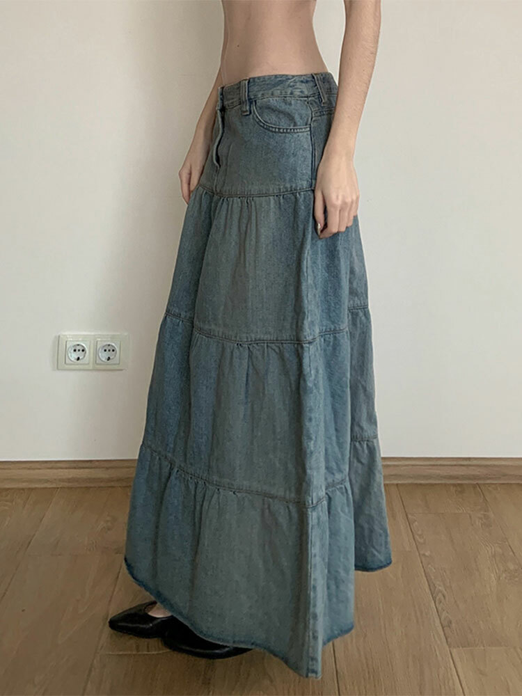 Vintage Distressed Low-Waist Split Denim Skirt - Versatile A-Line Long Skirt for 90s and Y2K Inspired Fashion