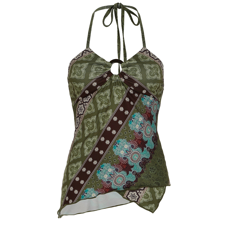 Vintage Elements Irregular Patterned Backless Women's Tank Top with Neck-Hanging Strap and Round Ring Buckle, Y2K Style