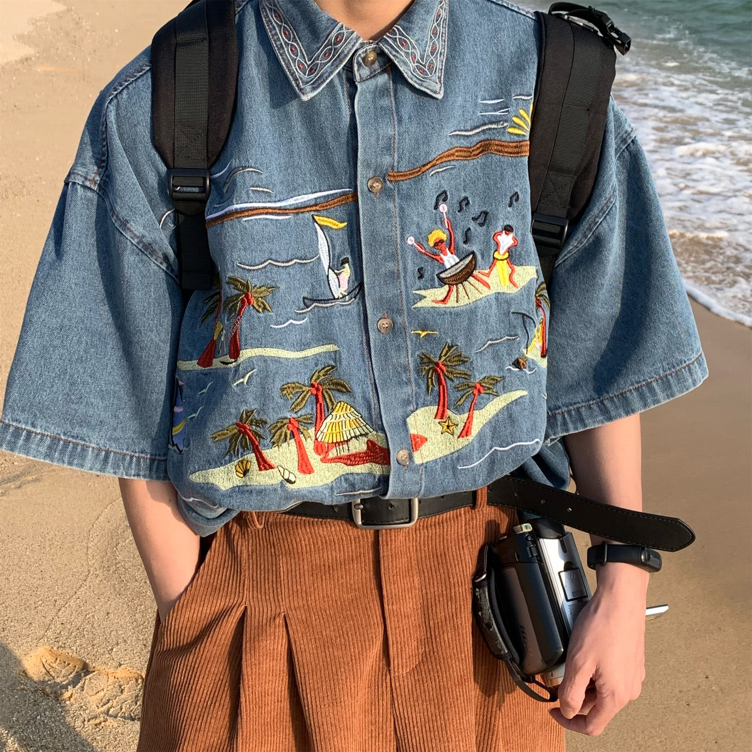 Vintage Embroidered Coconut Tree Denim Shirt - Unisex Short Sleeve Hawaiian Beach Style Top, Handmade & Reworked, Perfect for Summer