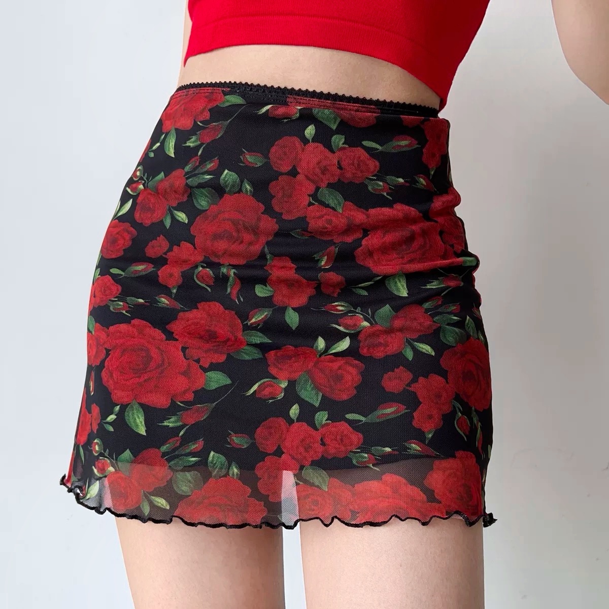 Vintage European American Rose Print Mesh High Waist Bodycon Half Skirt - Women's A-Line Skirt for DIY Fashion Lovers