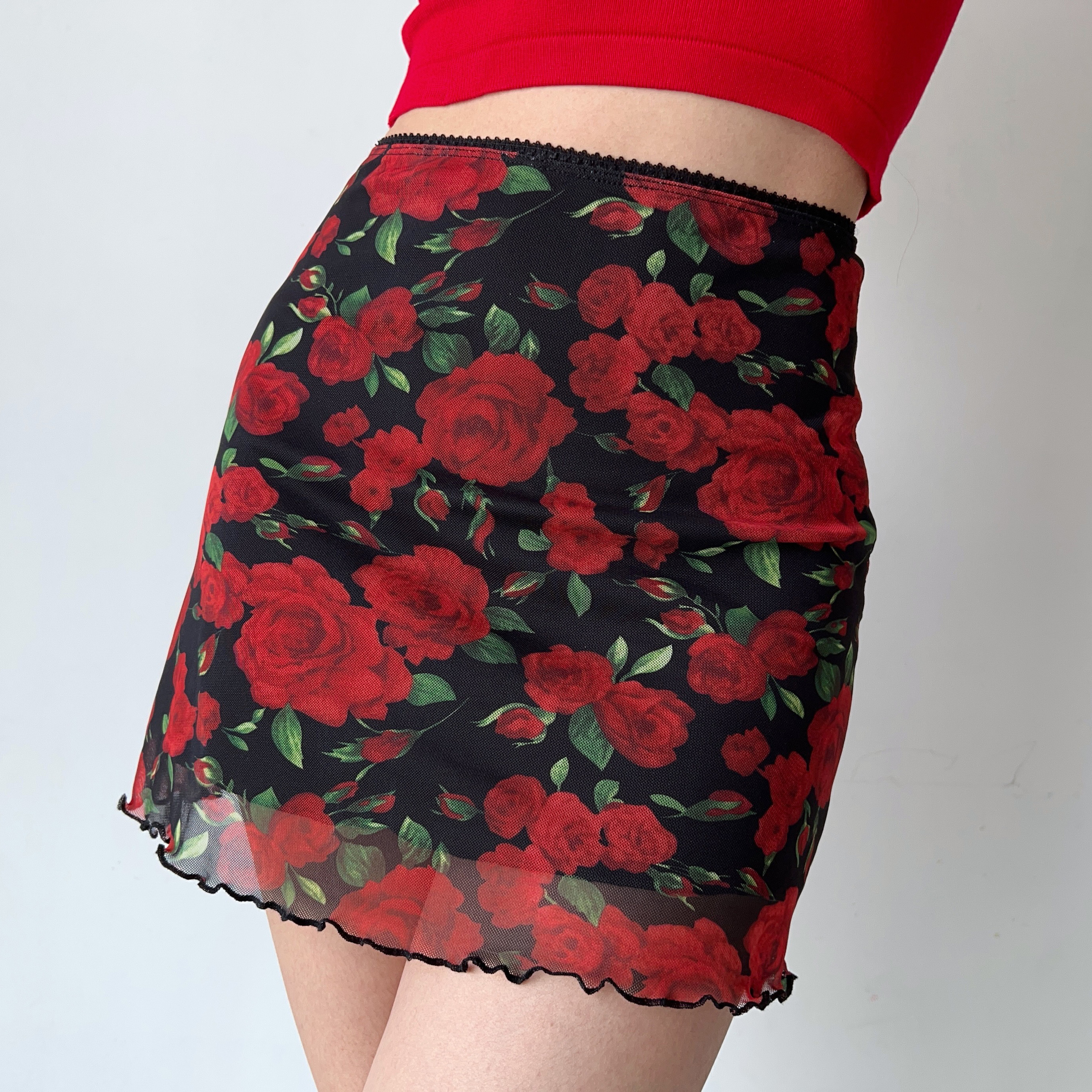 Vintage European American Rose Print Mesh High Waist Bodycon Half Skirt - Women's A-Line Skirt for DIY Fashion Lovers