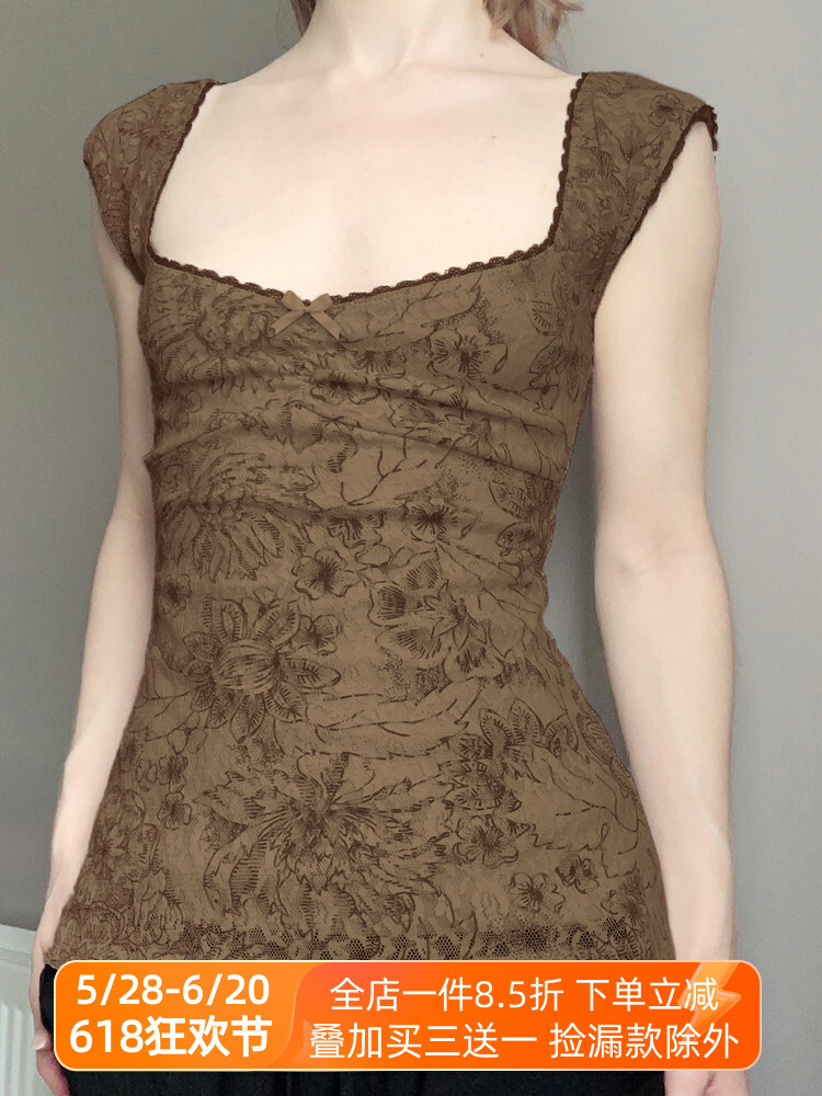 Vintage Floral Backless Vest for Women with Low Square Neck and Spaghetti Straps - Retro Charm Summer Style