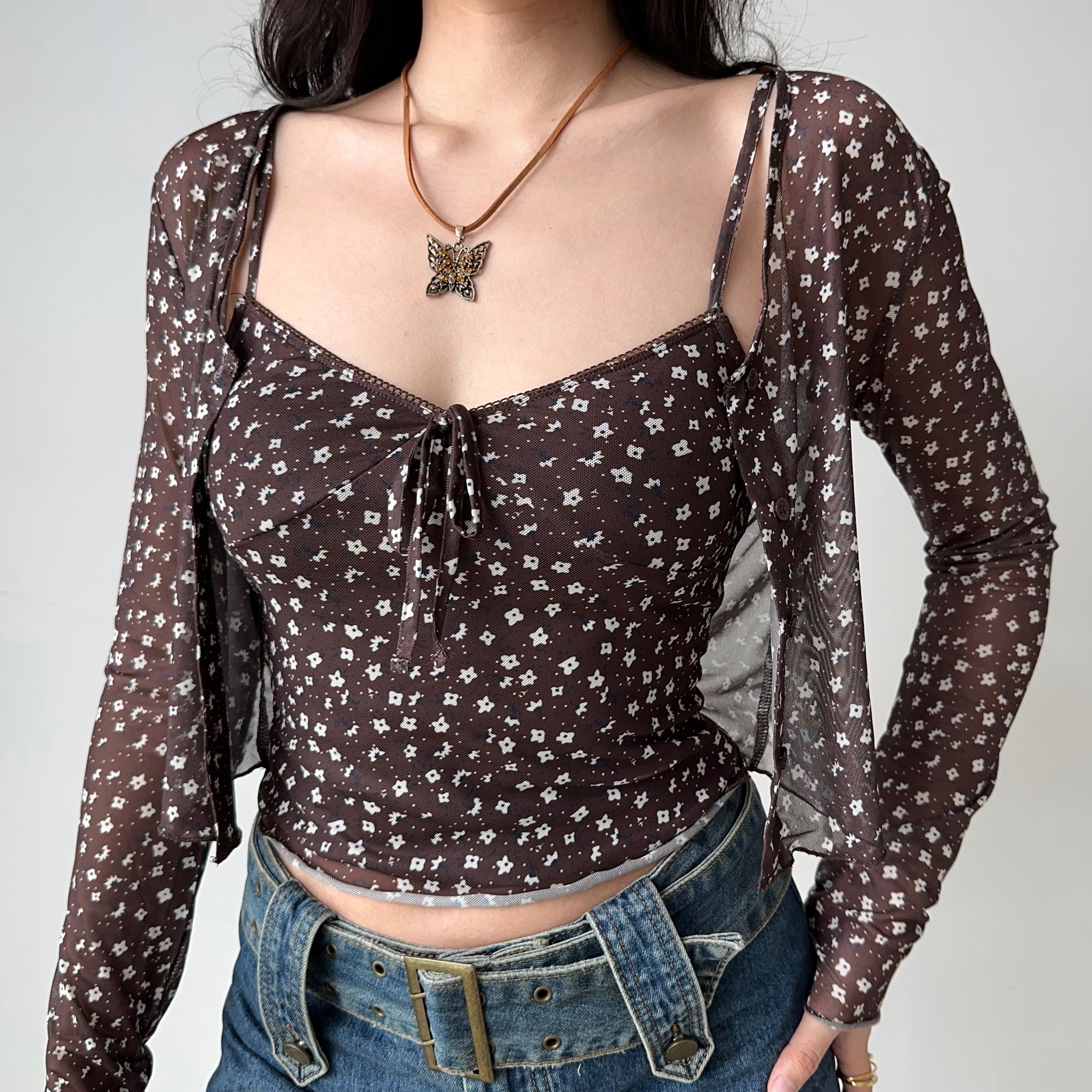 Vintage Floral Camisole Cardigan Two-Piece Set - Women's Slim Fit Hot Girl Outfit, Perfect for Y2K and 90s Style Fashion