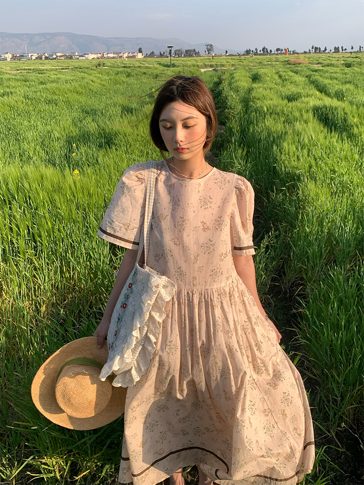 Vintage Floral Dress for Women - Retro Forest Style Loose Short Sleeve Cotton Long Dress for Summer, Boho Chic 90s Look
