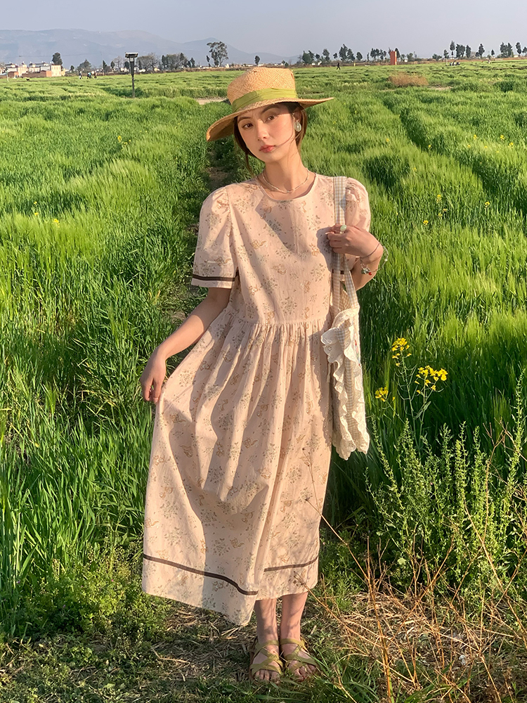 Vintage Floral Dress for Women - Retro Forest Style Loose Short Sleeve Cotton Long Dress for Summer, Boho Chic 90s Look