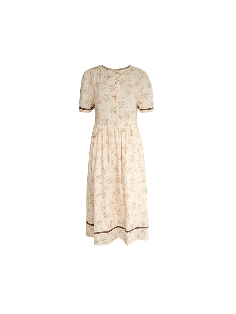 Vintage Floral Dress for Women - Retro Forest Style Loose Short Sleeve Cotton Long Dress for Summer, Boho Chic 90s Look