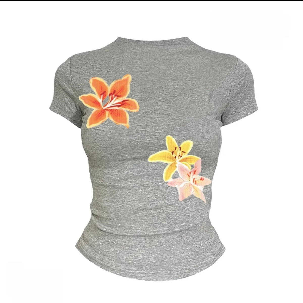 Vintage Floral Print Shoulder T-Shirt for Women - Spicy American Style, Slim Fit, Flattering Elastic Short Sleeves for Summer