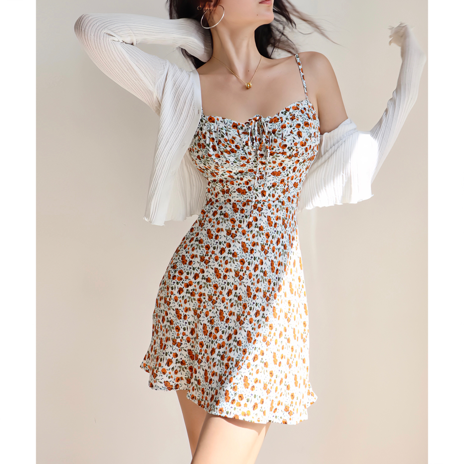 Vintage Floral Tie Cami Dress for Women - Slim Fit Waist-Defining Mini Dress - Perfect for Vacation, 90s Inspired Fashion