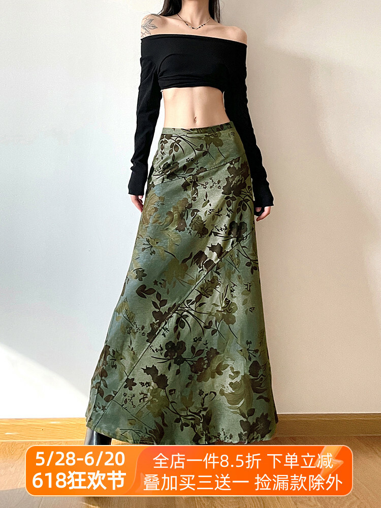 Vintage Forest Style A-Line Long Skirt for Women - Fallen Flowers Autumn Mood Low Waist Draped Design, Perfect for Y2K & Korean Style