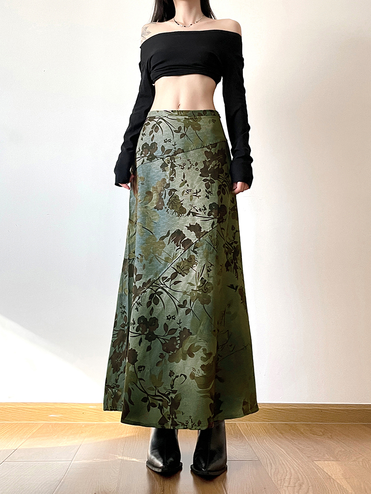 Vintage Forest Style A-Line Long Skirt for Women - Fallen Flowers Autumn Mood Low Waist Draped Design, Perfect for Y2K & Korean Style