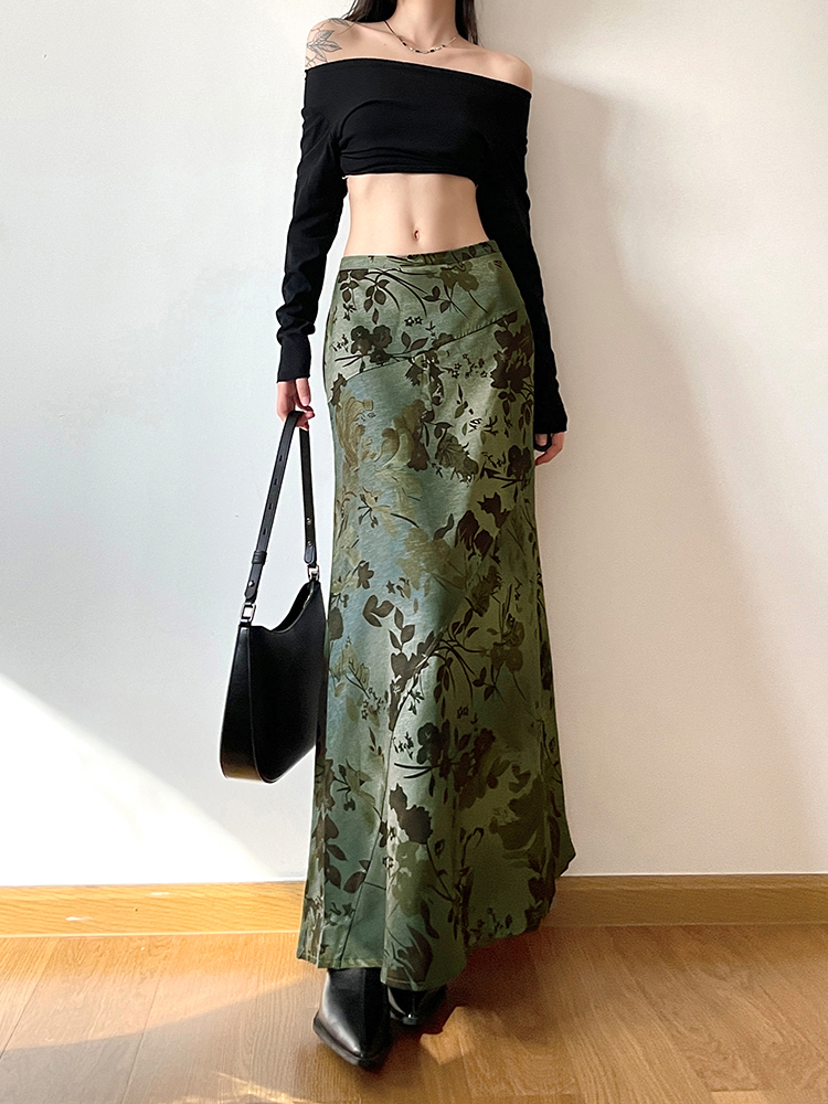 Vintage Forest Style A-Line Long Skirt for Women - Fallen Flowers Autumn Mood Low Waist Draped Design, Perfect for Y2K & Korean Style