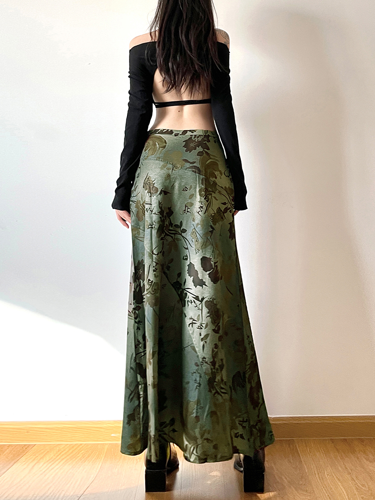 Vintage Forest Style A-Line Long Skirt for Women - Fallen Flowers Autumn Mood Low Waist Draped Design, Perfect for Y2K & Korean Style