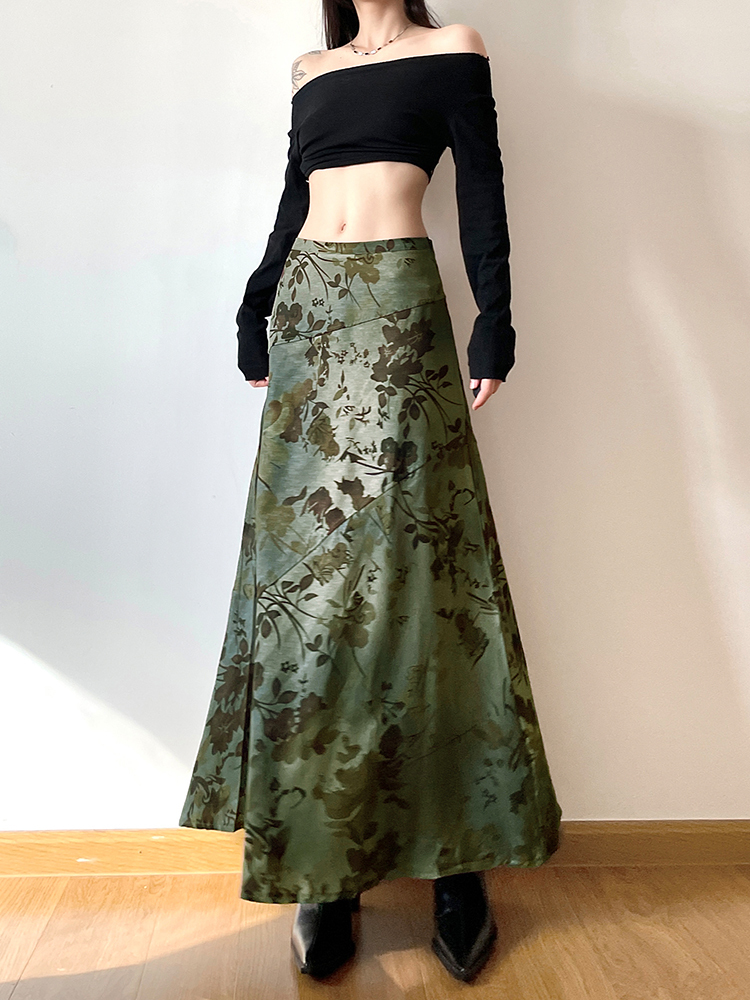 Vintage Forest Style A-Line Long Skirt for Women - Fallen Flowers Autumn Mood Low Waist Draped Design, Perfect for Y2K & Korean Style