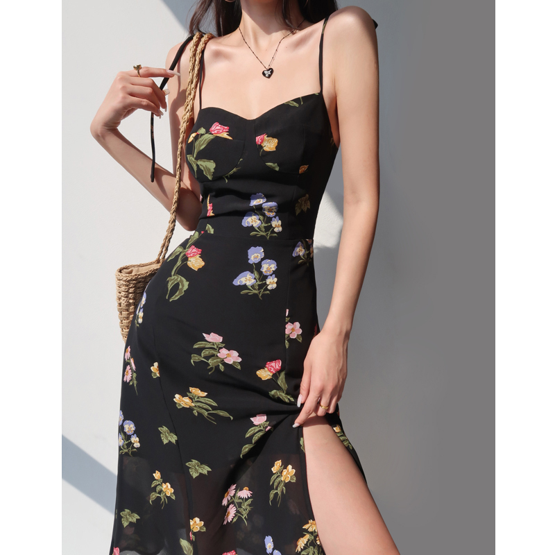 Vintage French Black Printed High-Waisted Camisole Dress with Side Slit and Tie-Up Detail - Sexy Slimming Long Dress for Women