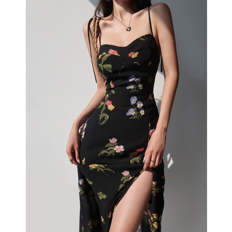 Vintage French Black Printed High-Waisted Camisole Dress with Side Slit and Tie-Up Detail - Sexy Slimming Long Dress for Women
