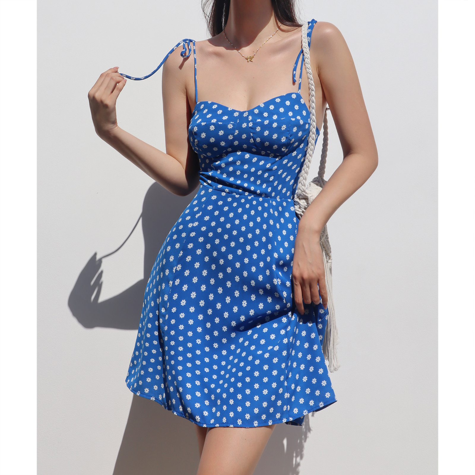 Vintage French Blue Lace-Up Camisole Dress with High-Waisted Short Skirt - A-Line Vacation Style Perfect for Summer Outings