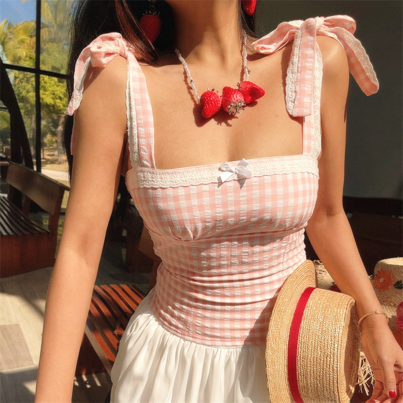Vintage French Checkered Camisole for Women - Handmade Flat Collar with Lace Bow Tie - Spring/Summer Vacation Style
