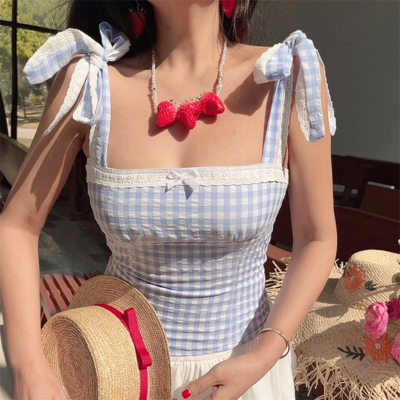 Vintage French Checkered Camisole for Women - Handmade Flat Collar with Lace Bow Tie - Spring/Summer Vacation Style