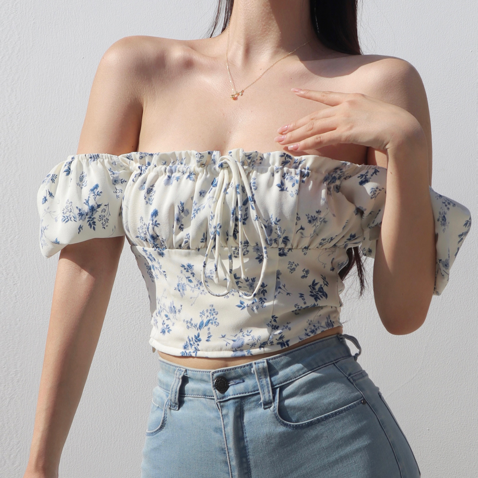 Vintage French Floral Tie Bow One-Shoulder Puff Sleeve Short Shirt for Women - Slim Fit Square Neck Y2K Style