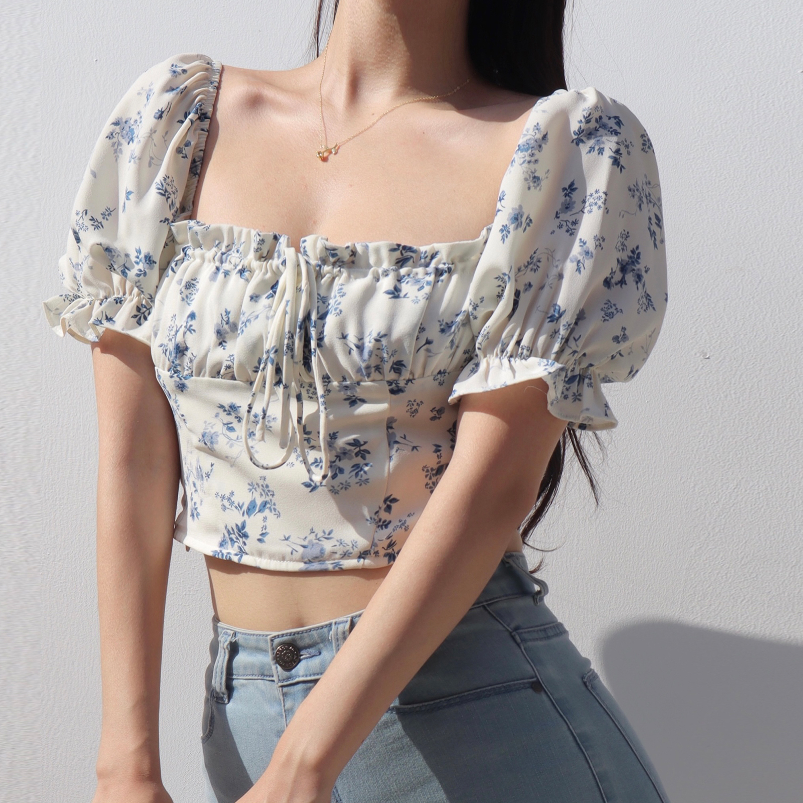 Vintage French Floral Tie Bow One-Shoulder Puff Sleeve Short Shirt for Women - Slim Fit Square Neck Y2K Style